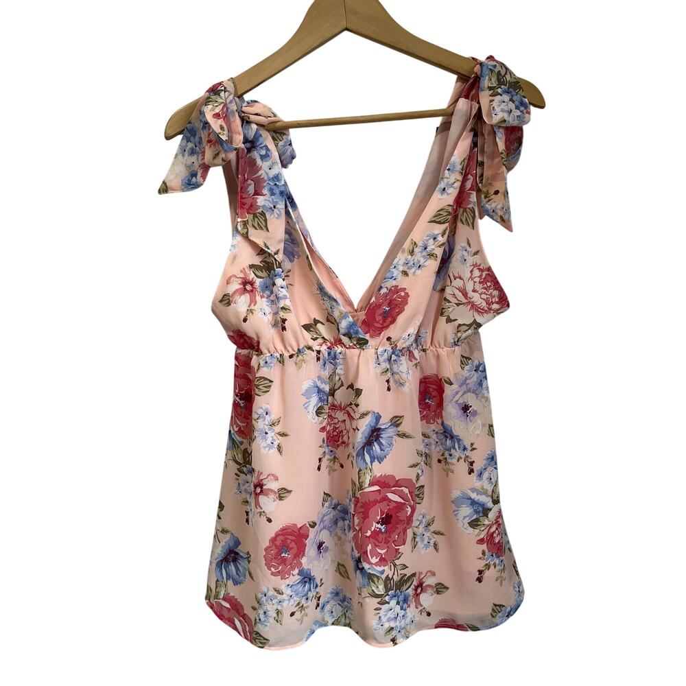 Forever 21 Pink Floral Tie-Shoulder V-Neck Tank